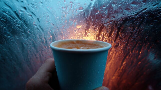 Hand holding a blue paper cup of coffee. the cup is filled with a dark liquid, possibly coffee, and the background is blurred, but it appears to be a window with raindrops on it. - Powered by Adobe