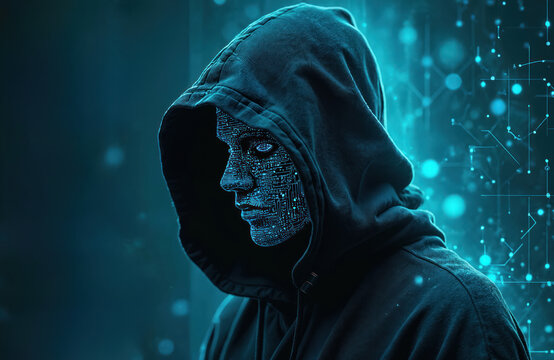 Anonymous person in dark hooded cloak, face replaced by glowing digital circuit board. Abstract network lines flow in blue background. Cyber security, hacking, artificial intelligence, data, virtual
