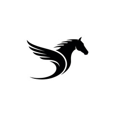 Majestic Black Pegasus Silhouette on White Background.