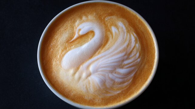 Close-up of a cup of coffee. the cup is white and is placed on a black surface. the coffee is a light brown color and has a latte art design in the shape of a swan.