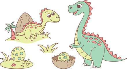 Vector illustration of dinosaurs including Stegosaurus, Velociraptor, Triceratops, Tyrannosaurus rex, Spinosaurus, Brontosaurus, and Pterosaurs.a cute cartoon vector illustration