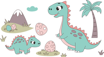 Vector illustration of dinosaurs including Stegosaurus, Velociraptor, Triceratops, Tyrannosaurus rex, Spinosaurus, Brontosaurus, and Pterosaurs.a cute cartoon vector illustration