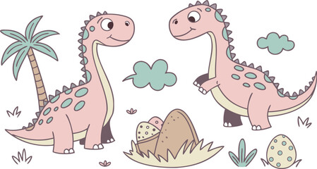 Vector illustration of dinosaurs including Stegosaurus, Velociraptor, Triceratops, Tyrannosaurus rex, Spinosaurus, Brontosaurus, and Pterosaurs.a cute cartoon vector illustration