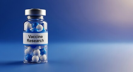 A vial labeled for vaccine research filled with blue and white molecular spheres, representing advanced clinical development and pharmaceutical innovation