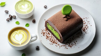 Flat lay dessert set with chocolate cake matcha roll and coffee cup on white background