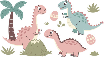Vector illustration of dinosaurs including Stegosaurus, Velociraptor, Triceratops, Tyrannosaurus rex, Spinosaurus, Brontosaurus, and Pterosaurs.a cute cartoon vector illustration
