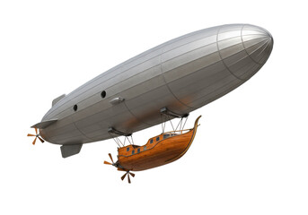 Isolated vintage airship with a wooden boat, fantastic vehicle of adventure and travel