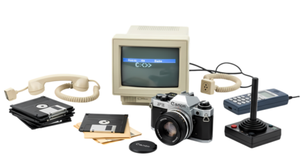 Nostalgic vintage tech collection showcasing 80s and 90s electronics, from camera to computer, offering retro vibes and classic design elements, old school