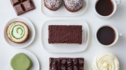 Flat lay dessert set with chocolate cake matcha roll and coffee cup on white background