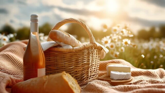 Picnic basket with wine cheese and bread outdoors with sunlight