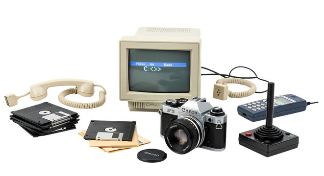 Nostalgic vintage tech collection showcasing 80s and 90s electronics, from camera to computer, offering retro vibes and classic design elements, old school