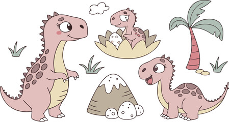 Vector illustration of dinosaurs including Stegosaurus, Velociraptor, Triceratops, Tyrannosaurus rex, Spinosaurus, Brontosaurus, and Pterosaurs.a cute cartoon vector illustration