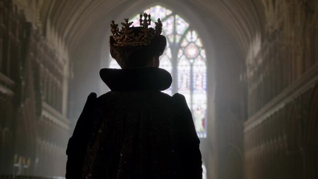 Dramatic queen in ornate crown surveys her kingdom from castle window, revealing power, royalty, and historical intrigue in this captivating video sequence