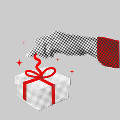 Trendy halftone celebration collage human hand opening gift box,Christmas and New year celebration concept
