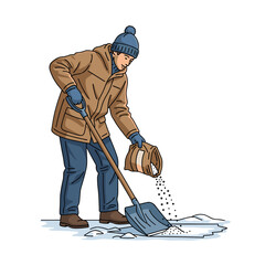 Man shoveling snow and spreading salt on ice during winter chores  