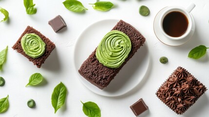Flat lay dessert set with chocolate cake matcha roll and coffee cup on white background