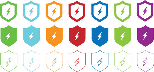 Colorful set of lightning bolt shield icons for electrical power security system protection safety warning signs or danger prevention concept vector
