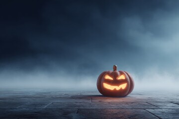 Eerie coastal night showcasing a mischievous jack o lantern. Glamour photo. Sinister autumn pumpkin overlooked by the moonlit sea breeze. Fashion beauty. Premium quality.