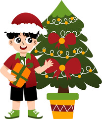 Boy with Christmas Gift by Christmas Tree