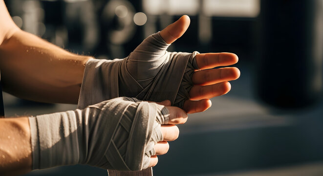Athlete wrapping hands with boxing tape for training and protection. - Powered by Adobe