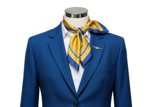 Isolated stewardess uniform costume with necktie and emblem for airline service, uniform style