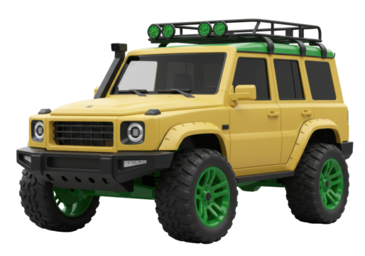 Isolated off-road vehicle stands ready, a unique yellow all-terrain car for exploration and adventure