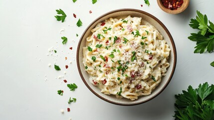 Flat lay creamy pasta carbonara with chopped parsley and parmesan on white background