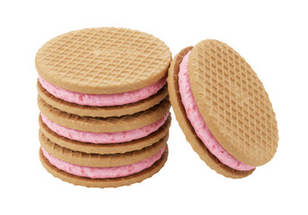 Isolated stack of wafer cookies with pink cream filling, and single cookie leaning