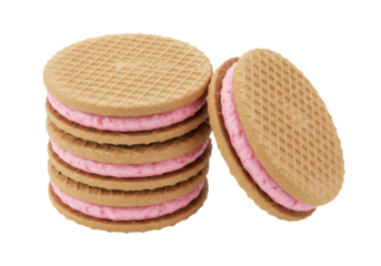 Isolated stack of wafer cookies with pink cream filling, and single cookie leaning