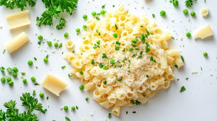 Flat lay creamy pasta carbonara with chopped parsley and parmesan on white background