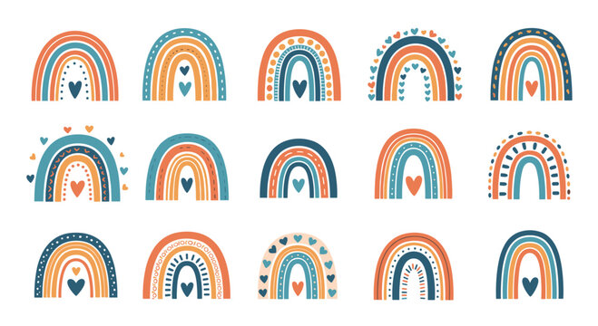 Collection of colorful boho rainbows with hearts and dotted patterns on a white background.