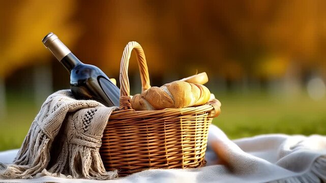 Picnic basket with wine and bread outdoors