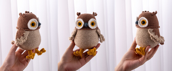 Handmade crocheted owl toys, amigurumi. Handmade soft bird toys.