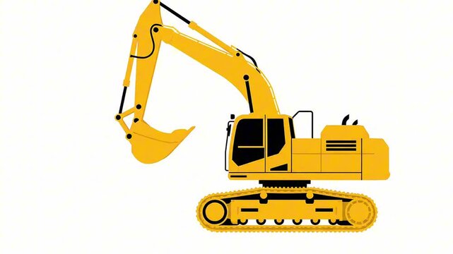 Yellow Excavator Flat Vector Animation on White Background