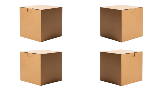 Four brown cardboard boxes in a twobytwo grid, isolated on a transparent background - Powered by Adobe