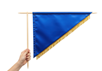 Isolated royal-blue triangular flag pennant with golden fringe on stick is being held by hand