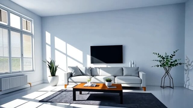 Modern living room interior design with sunlight streaming in
