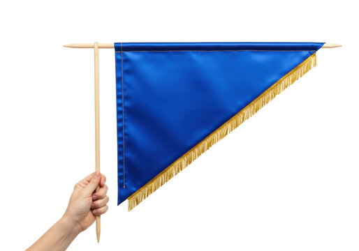 Isolated royal-blue triangular flag pennant with golden fringe on stick is being held by hand