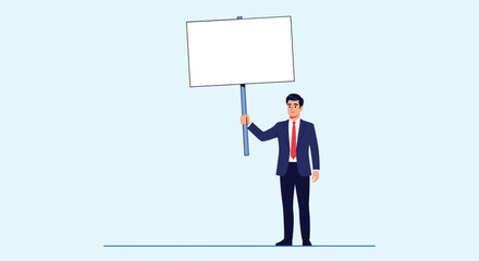 Man in a suit holding a blank sign on a pole against a light blue background.
