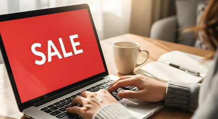 Woman browsing online sales on a laptop, a cup of coffee nearby.