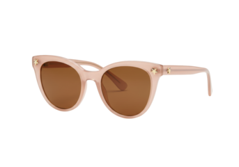 Isolated designer eyewear with brown lenses, a pink frame and star embellishments at each corner