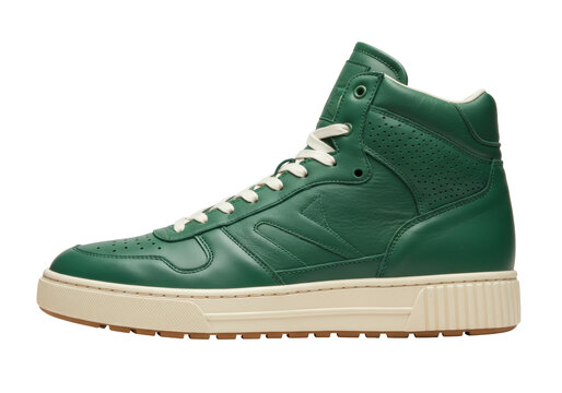 Isolated high top leather sneaker for men, trendy athletic shoe in dark green color