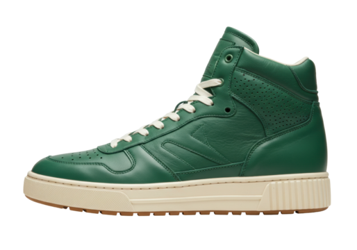 Isolated high top leather sneaker for men, trendy athletic shoe in dark green color