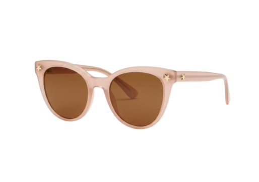 Isolated designer eyewear with brown lenses, a pink frame and star embellishments at each corner - Powered by Adobe