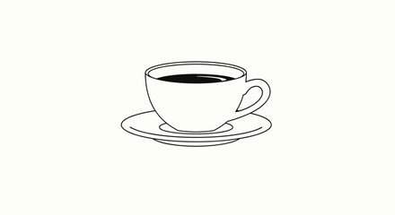 Obraz premium A simple black and white line drawing of a coffee cup and saucer with dark coffee inside.