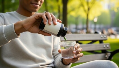 Young man pouring water from bottle into glass while sitting outdoors
