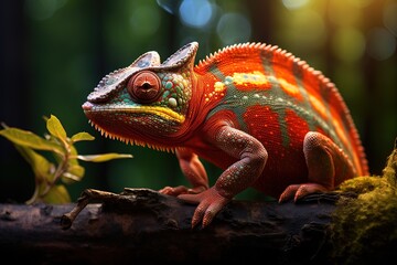 Obraz premium A colorful chameleon is sitting on a branch. The bright colors of the lizard make it stand out against the green leaves. The scene is peaceful and serene