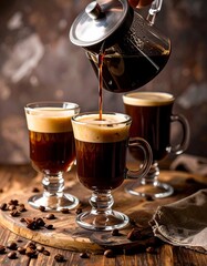 Hei&szlig;er, schwarzer Kaffee wird in hohe Glastassen gegossen. Warme Atmosph&auml;re.