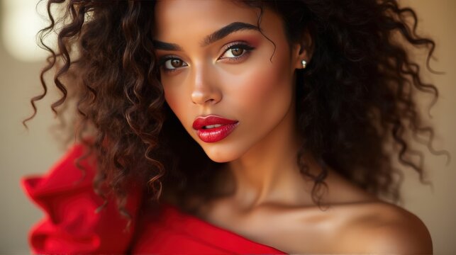 A stunning close-up portrait of a woman with beautiful curly hair and bold red lipstick, exuding confidence and elegance.