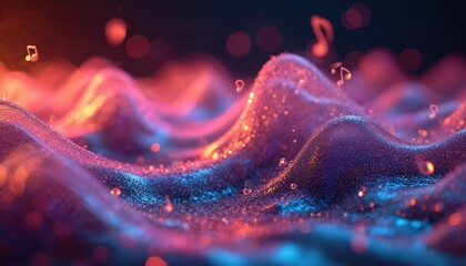 Abstract neon sound waves with musical notes. Glowing particles flow like liquid. Dynamic audio pulse creates vibrant digital art. Music waveform design.